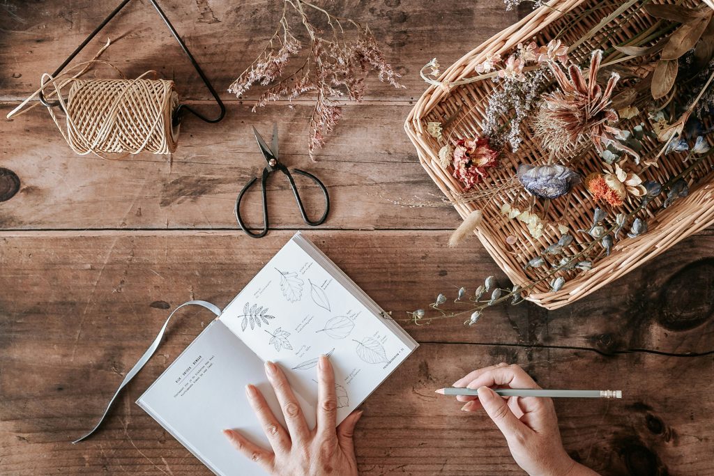 Vista de cima de uma secretaria em madeira vintage com caderno de ilustrações botânicas, flores secas e cordel — disciplina criativa no negócio criativo